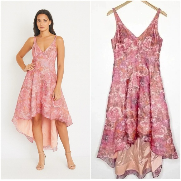 Aidan Mattox Floral Printed Metallic Jacquard High Low Formal Dress Size 8